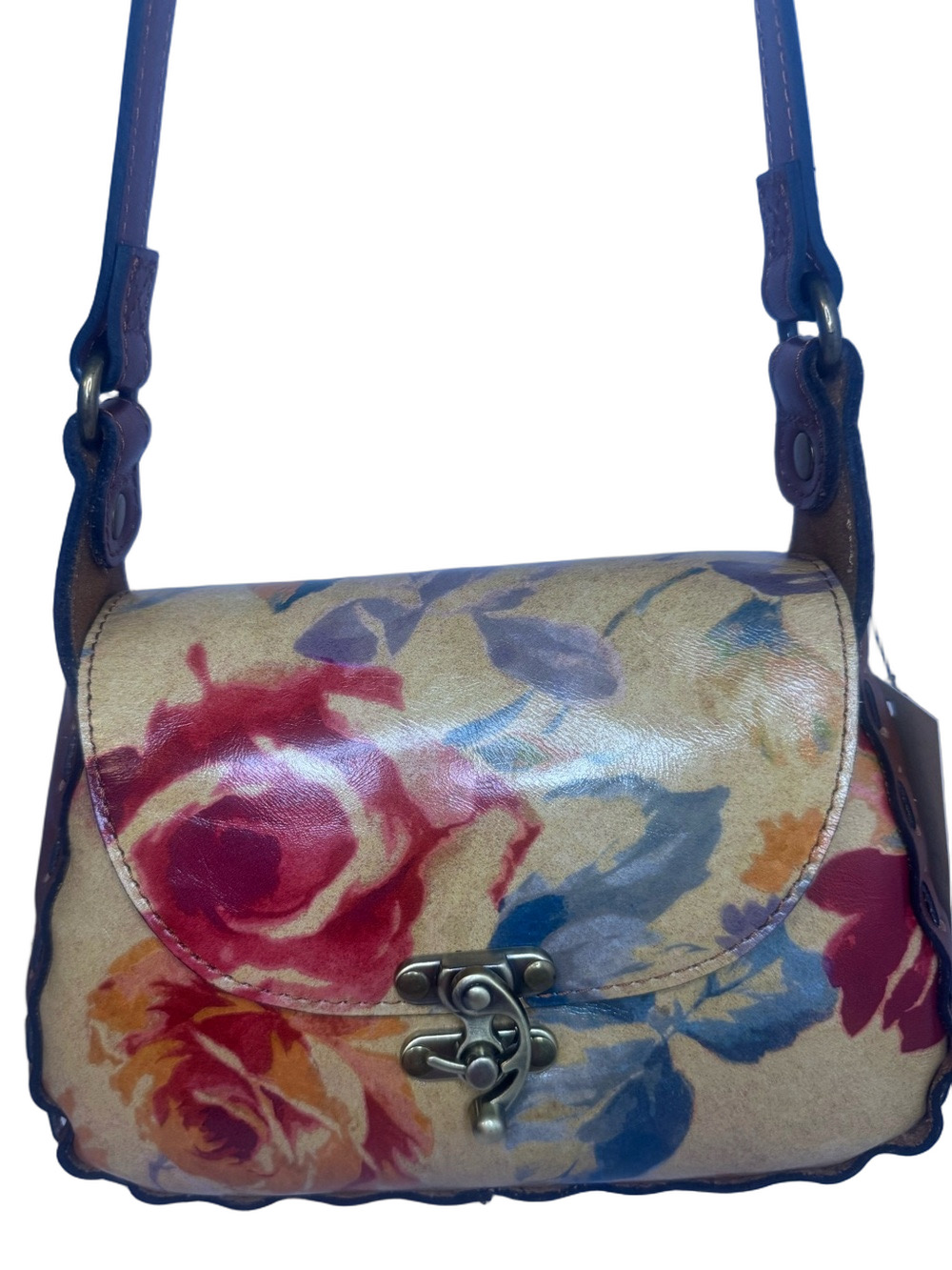 #397 Patricia Nash Lucia Leather Aegean Blooms Floral Multi Crossbody Bag